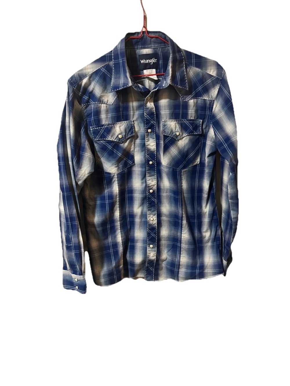 Wrangler boys SZ XL(14/16) Navy and White Plaid pearl snapped Western Shirt